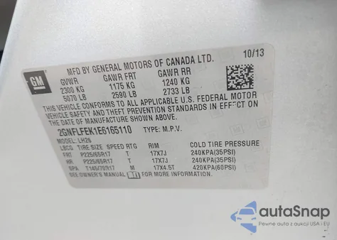 2014 Chevrolet Equinox 1Lt из США, поврежденный, VIN 2GNFLFEK1E6165110